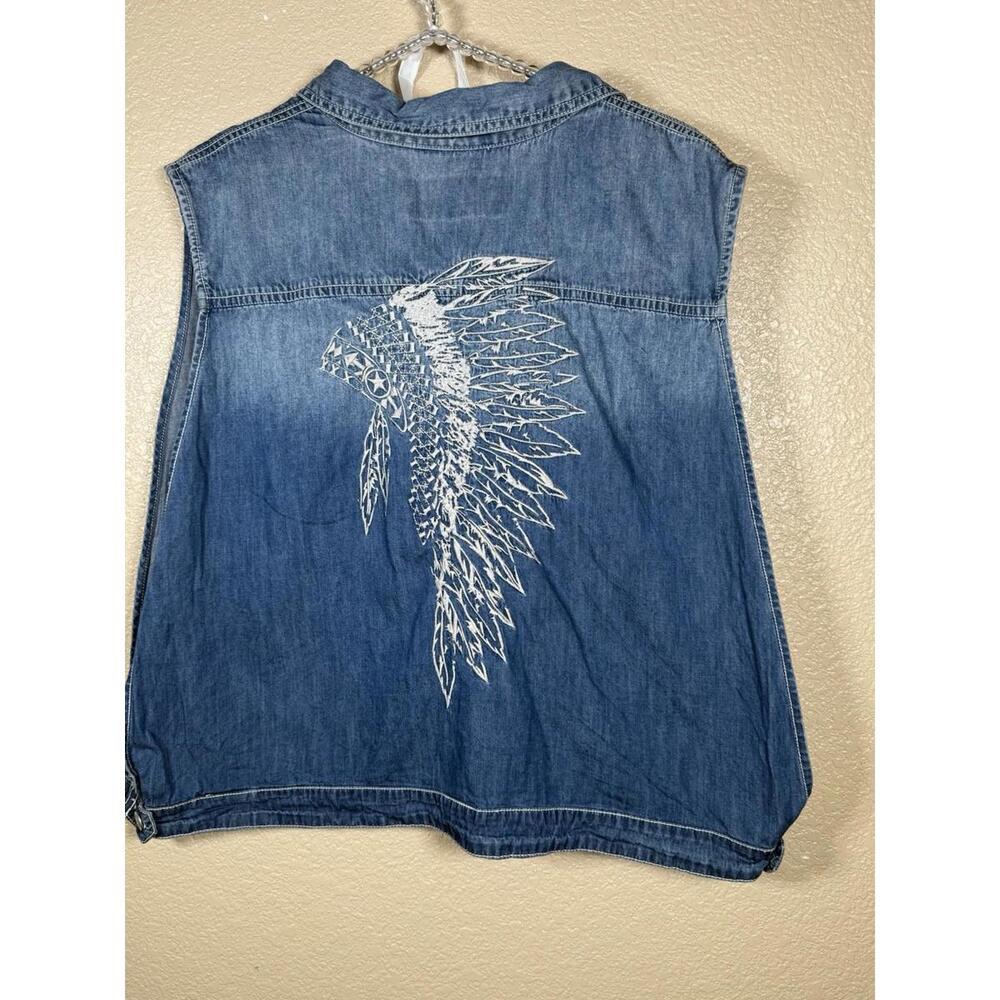 RYAN MICHAEL‎ Denim Open Sided Embroidered Sz XL Native American Headdress Vest